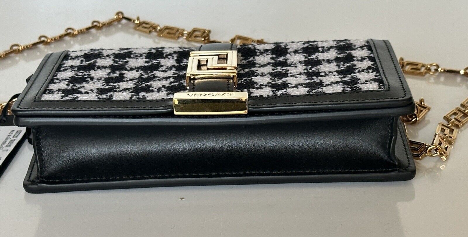 Versace Greek Key Leather Black Wallet on Chain Mini Shoulder Bag 1007220 NWT