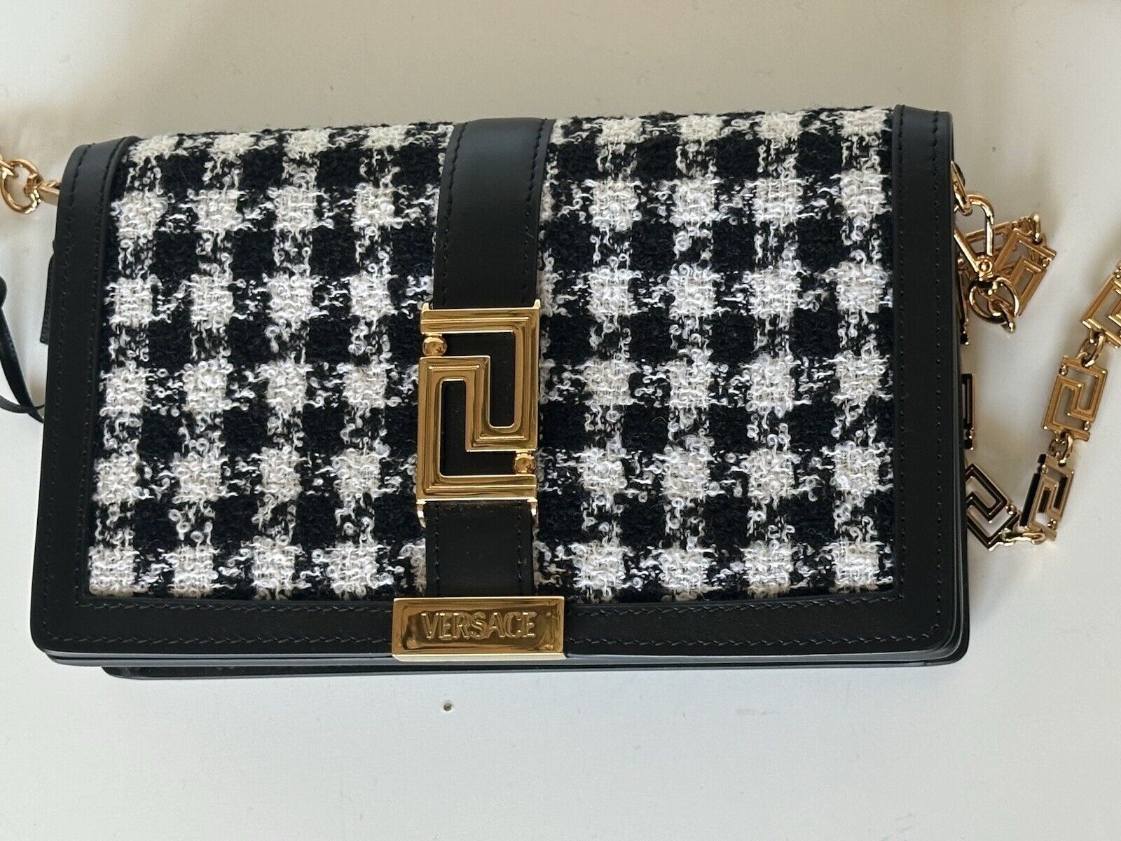 Versace Greek Key Leather Black Wallet on Chain Mini Shoulder Bag 1007220 NWT