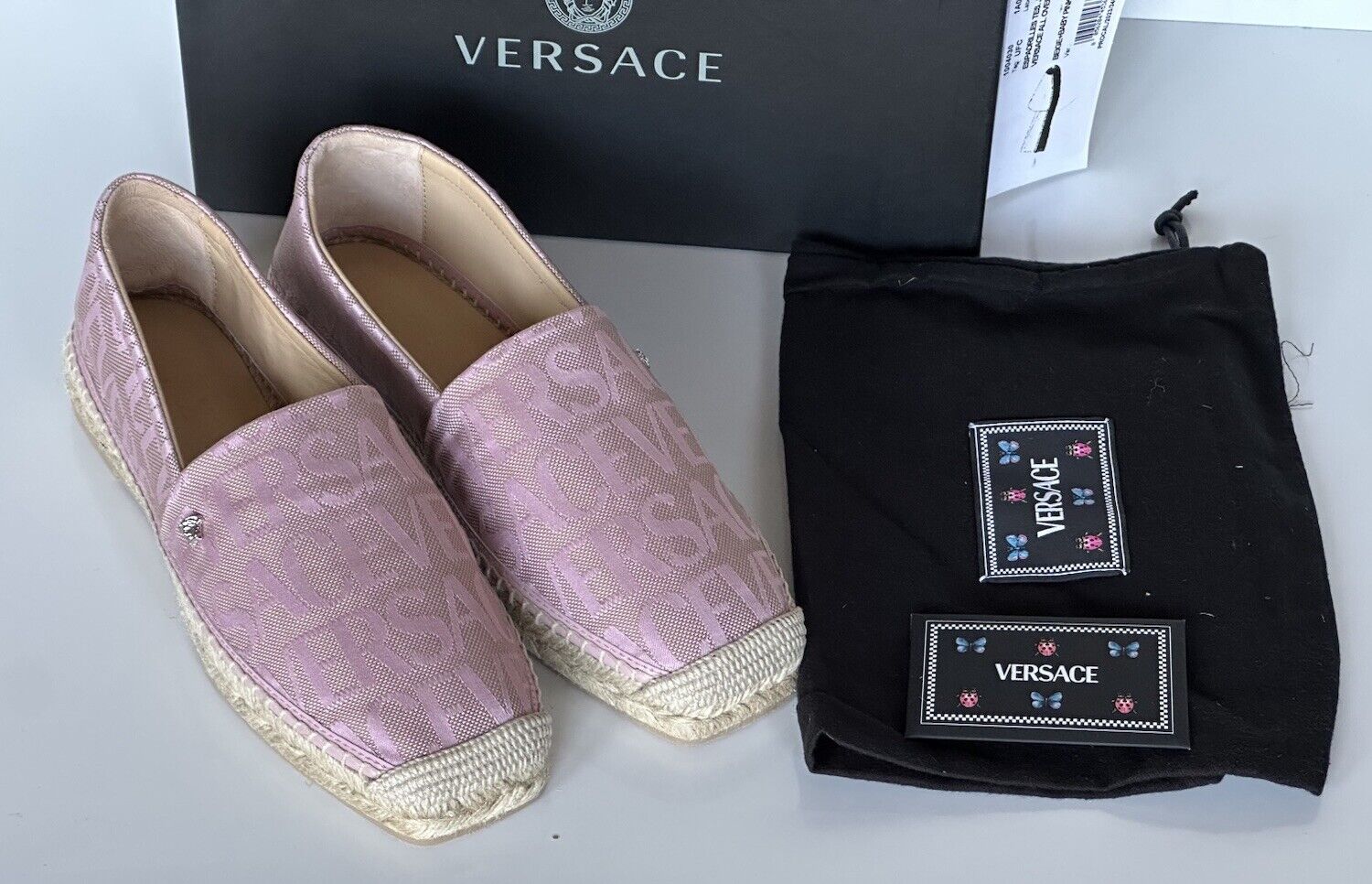 VERSACE All Over Logo Pink Fabric Espadrilles 8.5 US 1004030 Spain NIB $575