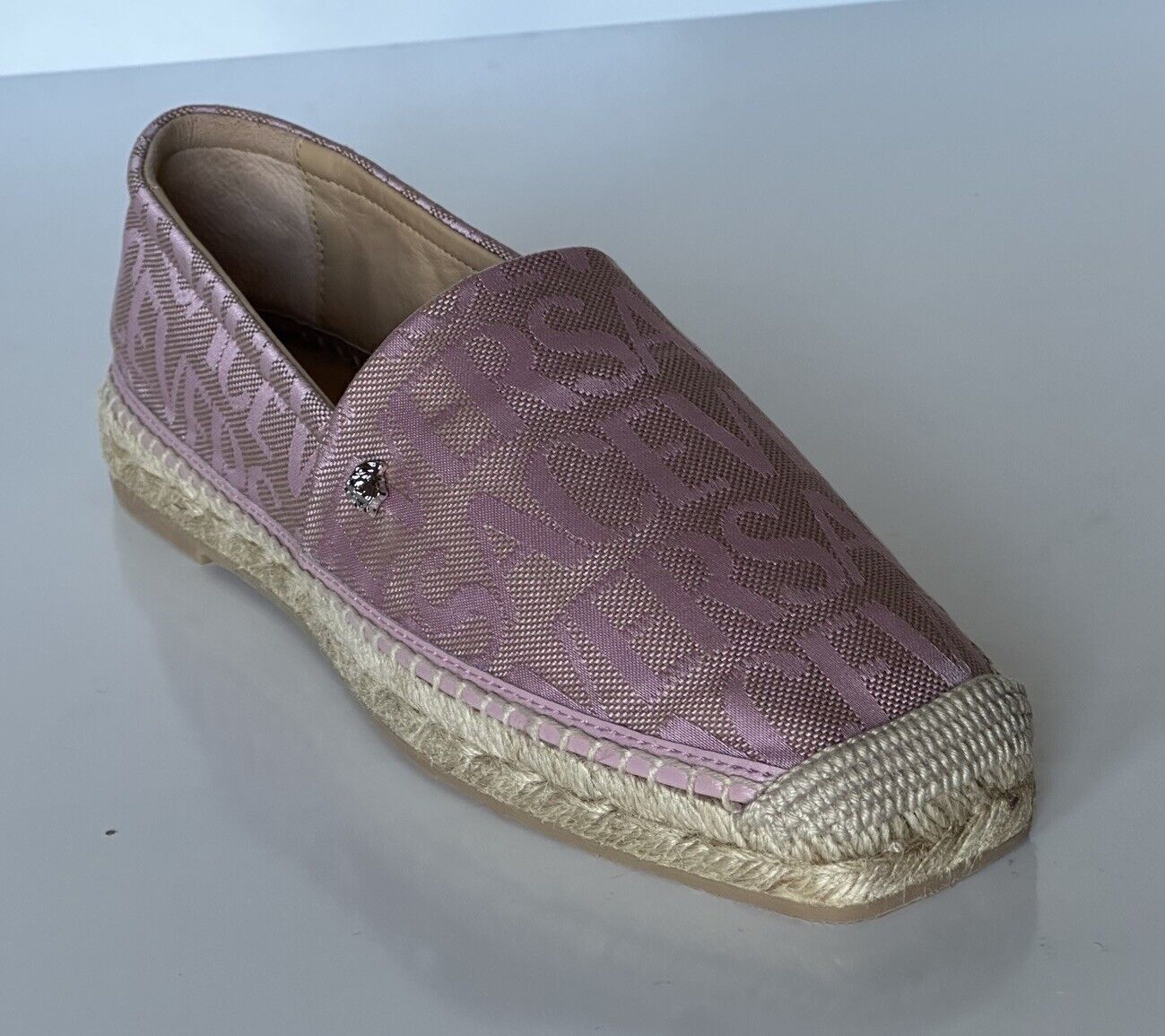 VERSACE All Over Logo Pink Fabric Espadrilles 8.5 US 1004030 Spain NIB $575