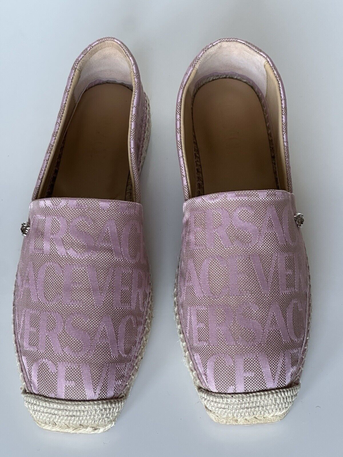 VERSACE All Over Logo Pink Fabric Espadrilles 8.5 US 1004030 Spain NIB $575