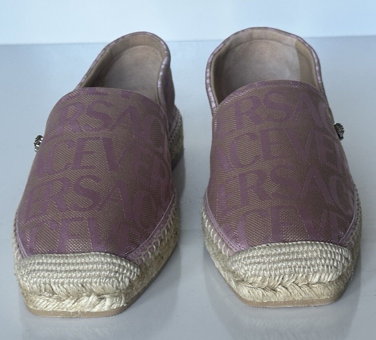 VERSACE All Over Logo Pink Fabric Espadrilles 8.5 US 1004030 Spain NIB $575