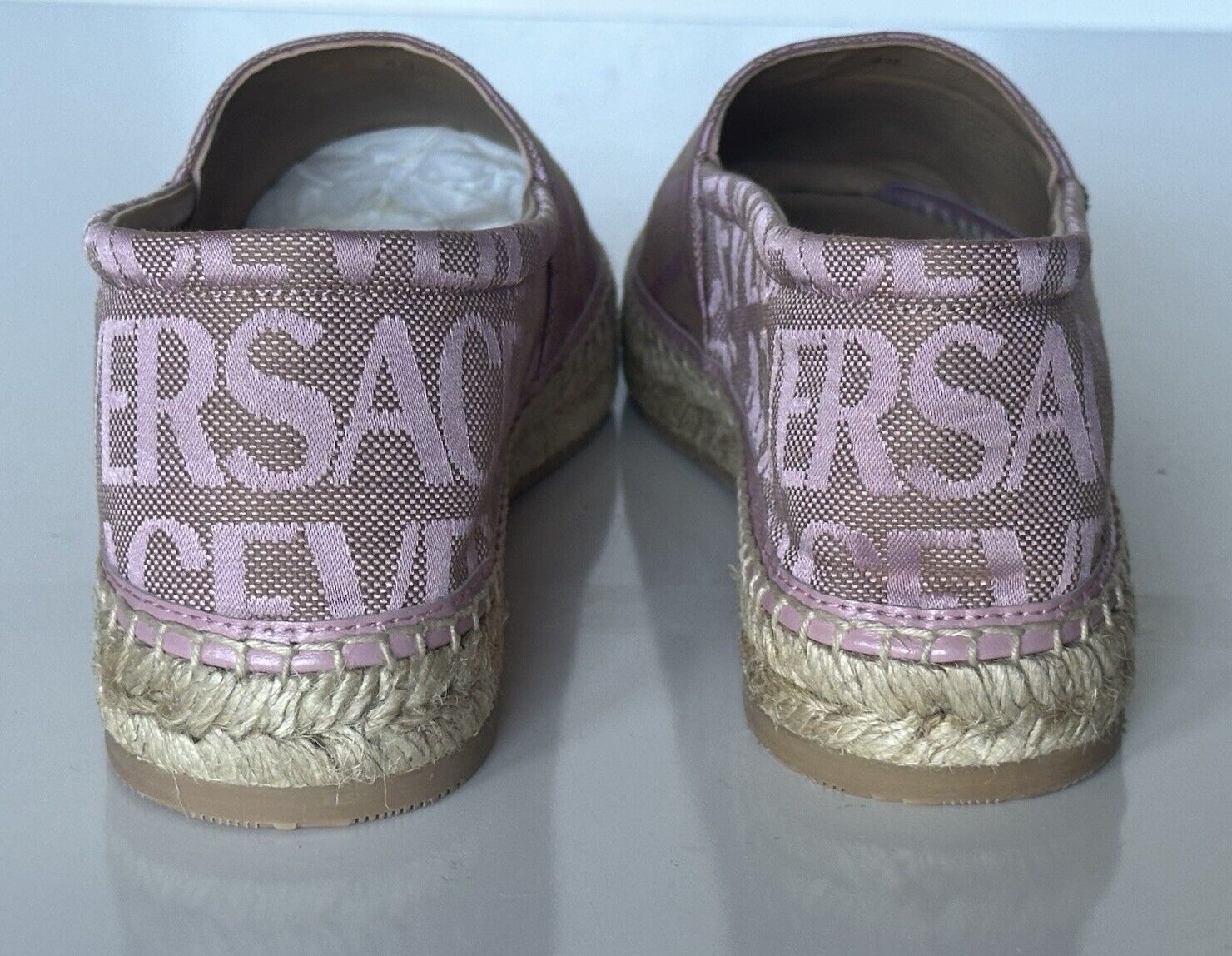 VERSACE All Over Logo Pink Fabric Espadrilles 8.5 US 1004030 Spain NIB $575