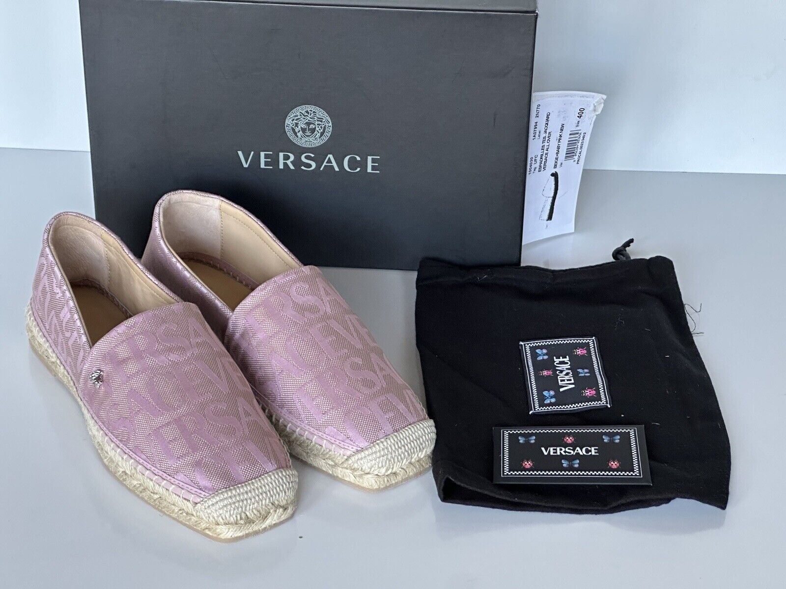 VERSACE All Over Logo Pink Fabric Espadrilles 8.5 US 1004030 Spain NIB $575