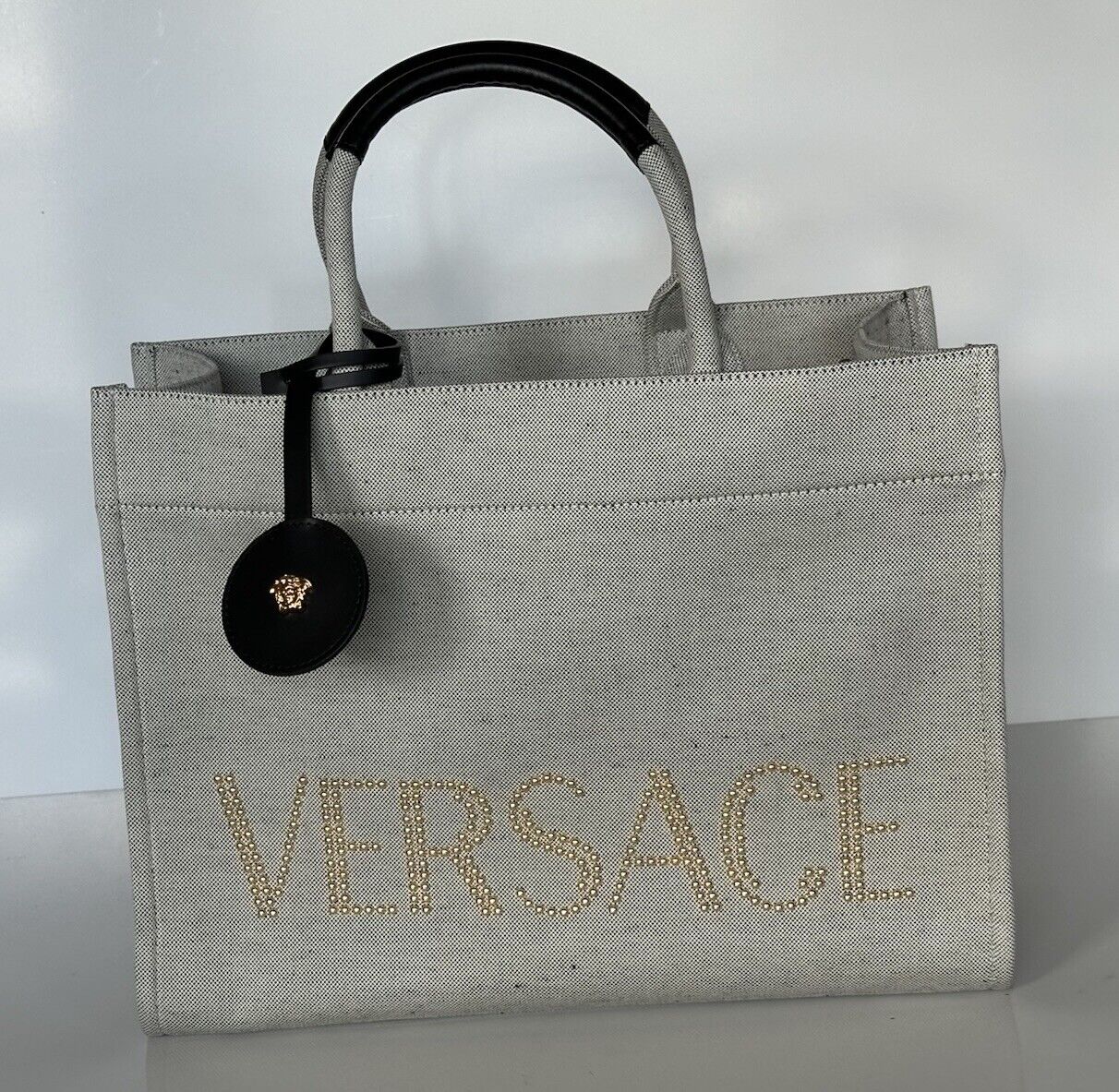 Versace Top Handle Large Tote Fabric/Leather Gray Bag 1014567 Italy NWT $1675