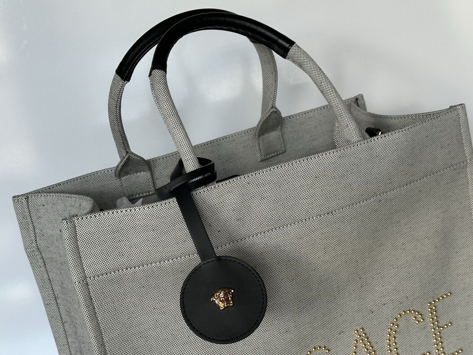 Versace Top Handle Large Tote Fabric/Leather Gray Bag 1014567 Italy NWT $1675