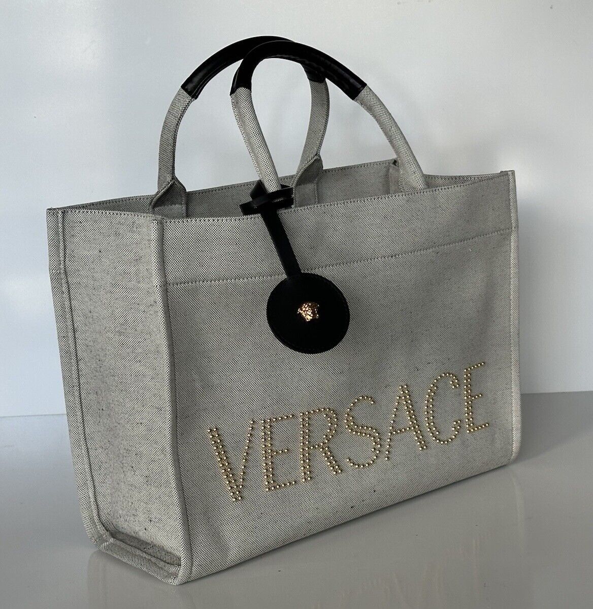 Versace Top Handle Large Tote Fabric/Leather Gray Bag 1014567 Italy NWT $1675