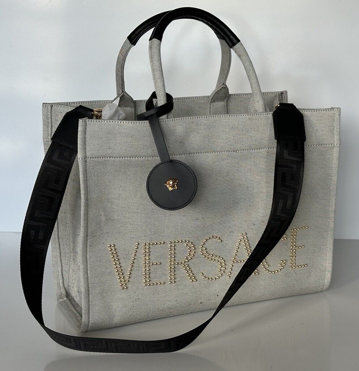 Versace Top Handle Large Tote Fabric/Leather Gray Bag 1014567 Italy NWT $1675