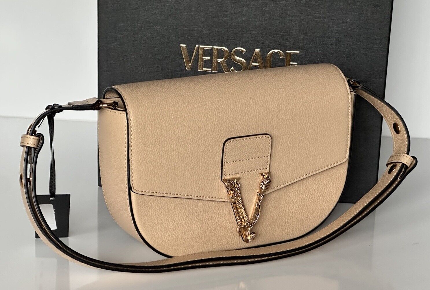 Versace Virtus Grainy Leather Beige Crossbody Shoulder Bag 1014278 IT NWT $1550