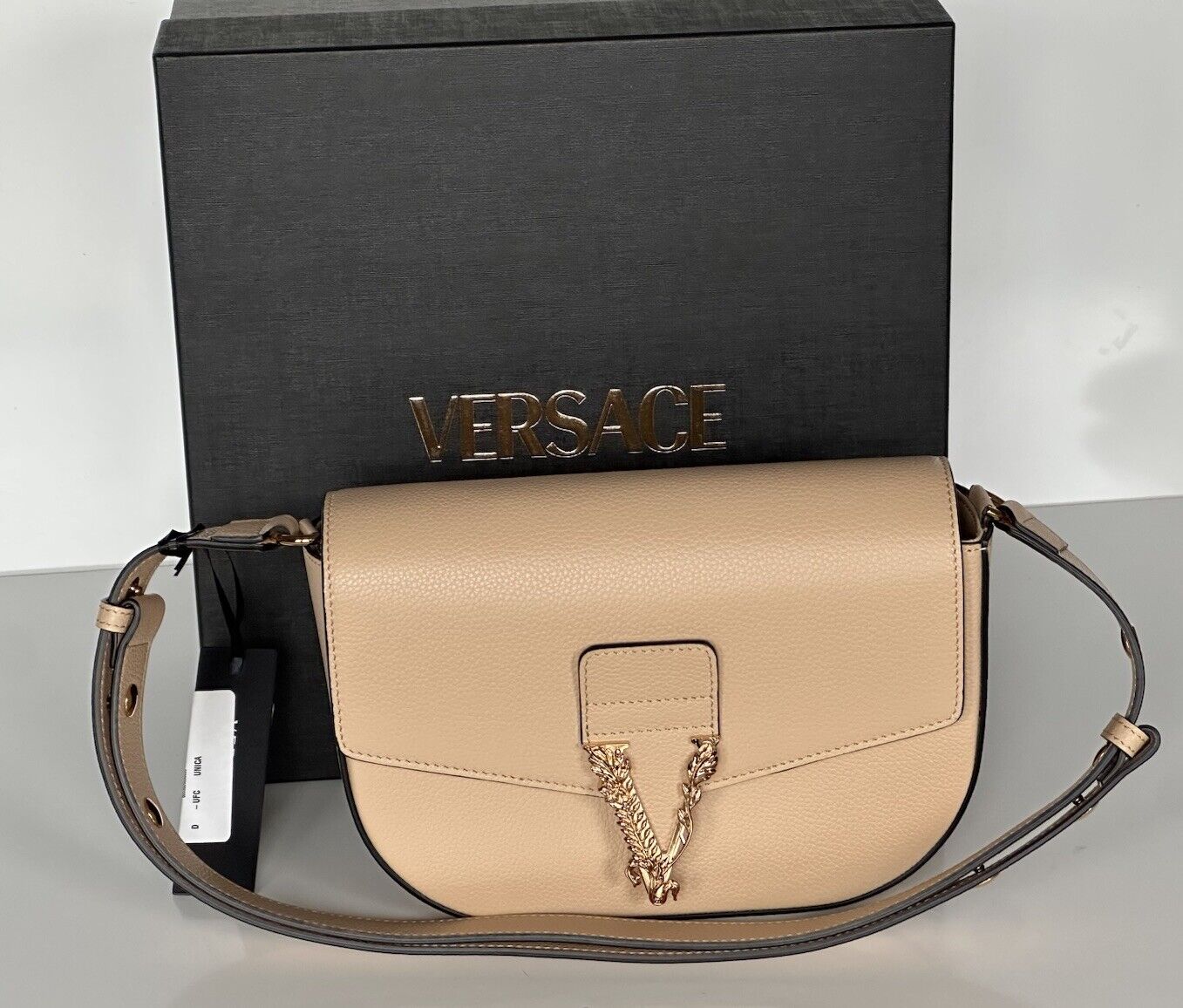 Versace Virtus Grainy Leather Beige Crossbody Shoulder Bag 1014278 IT NWT $1550