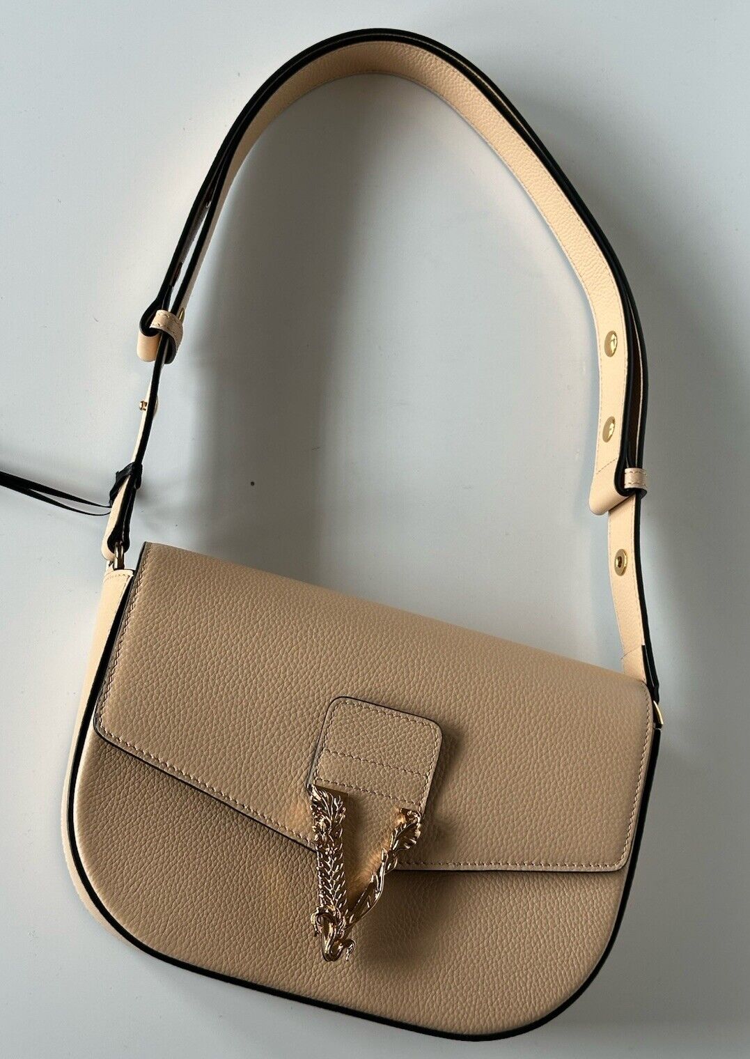 Versace Virtus Grainy Leather Beige Crossbody Shoulder Bag 1014278 IT NWT $1550