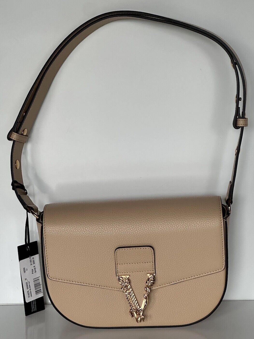 Versace Virtus Grainy Leather Beige Crossbody Shoulder Bag 1014278 IT NWT $1550