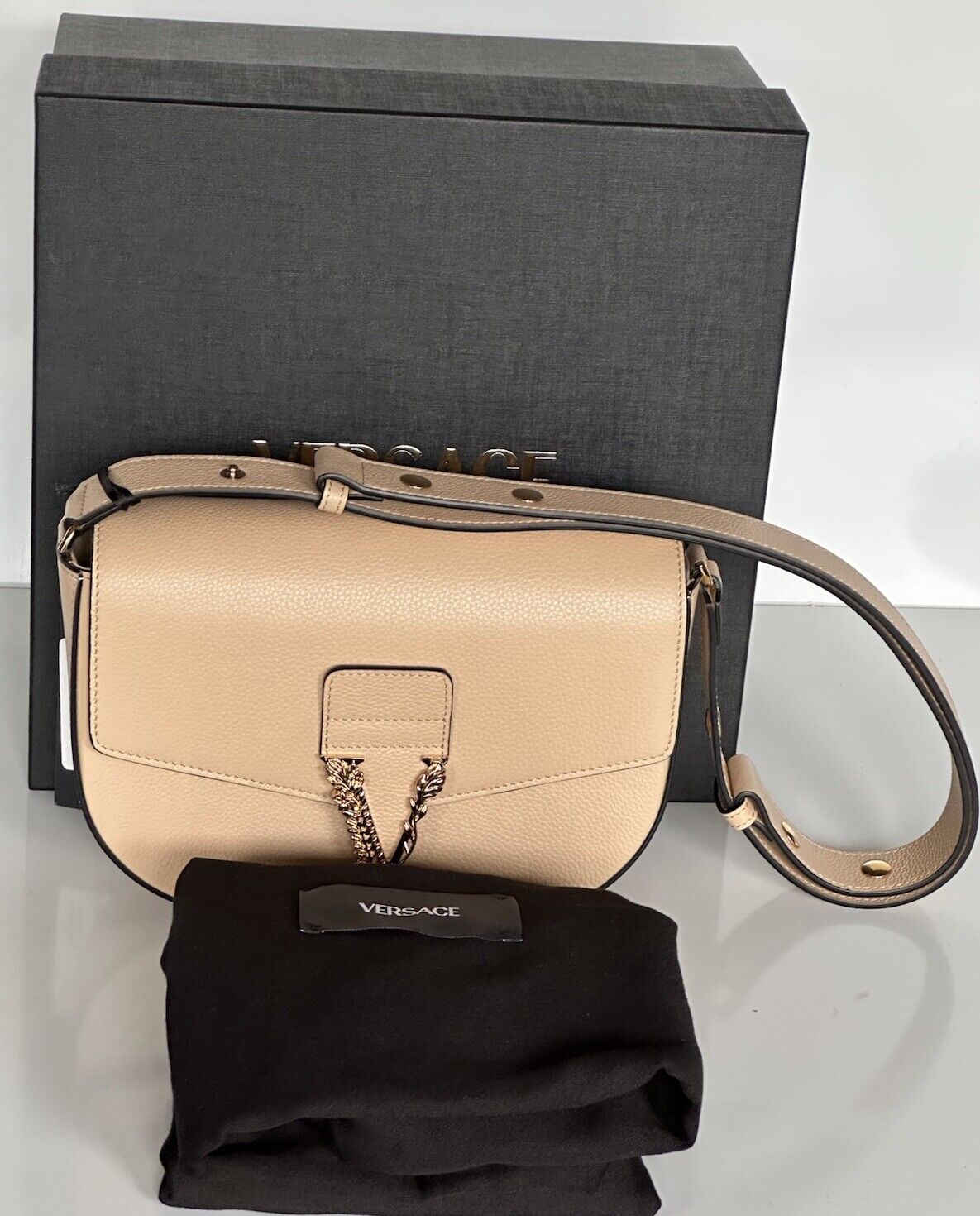 Versace Virtus Grainy Leather Beige Crossbody Shoulder Bag 1014278 IT NWT $1550