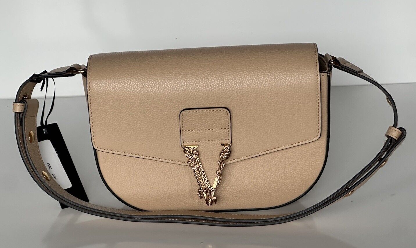 Versace Virtus Grainy Leather Beige Crossbody Shoulder Bag 1014278 IT NWT $1550