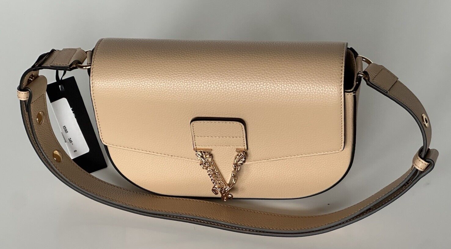 Versace Virtus Grainy Leather Beige Crossbody Shoulder Bag 1014278 IT NWT $1550