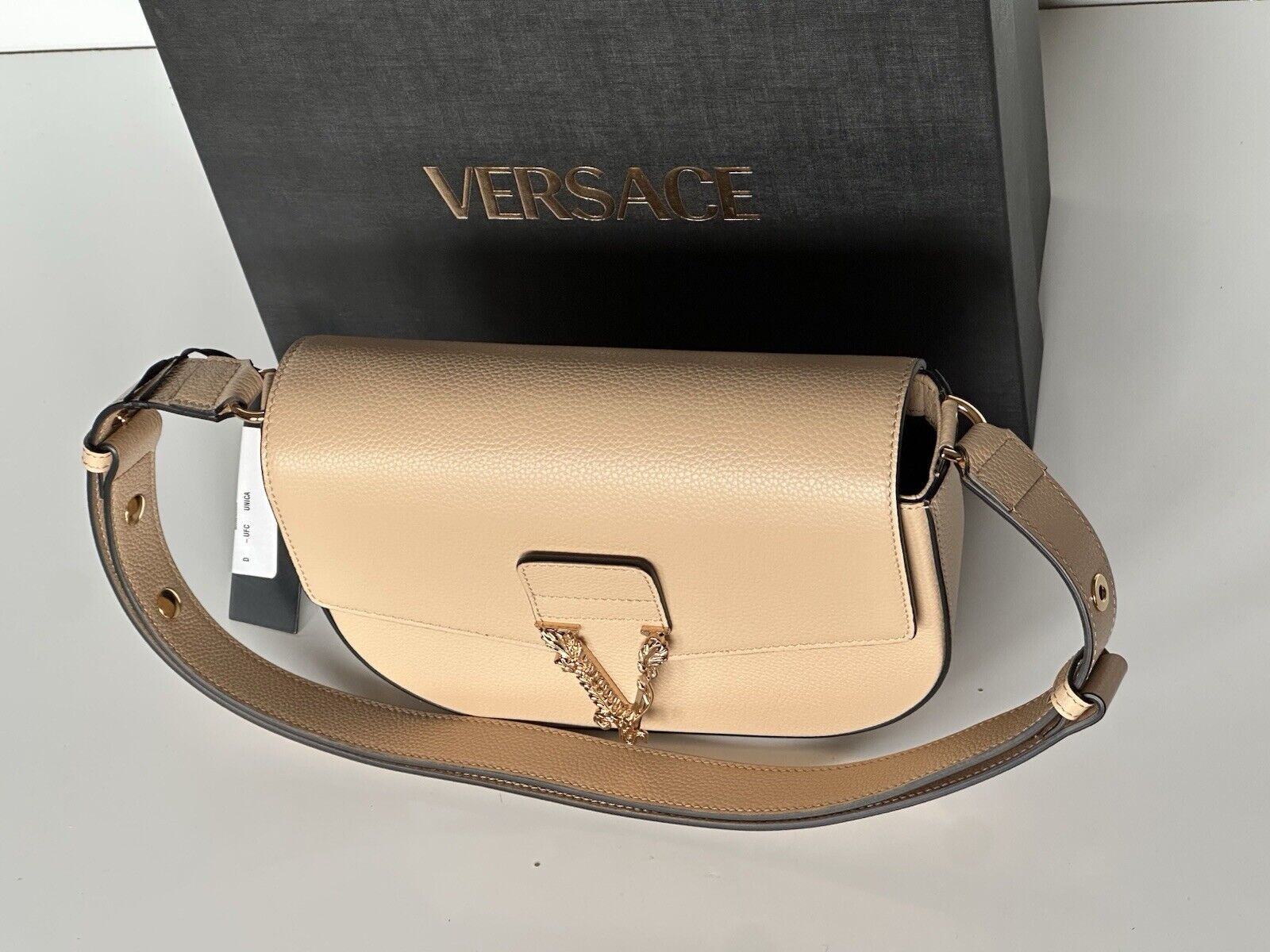 Versace Virtus Grainy Leather Beige Crossbody Shoulder Bag 1014278 IT NWT $1550