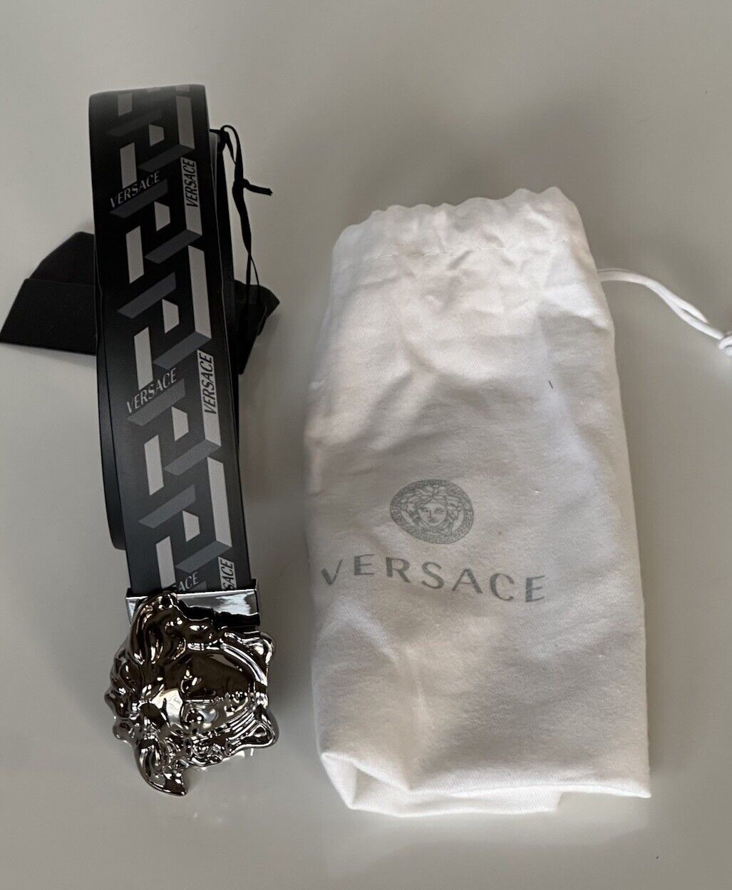 Versace Medusa Silver Buckle Calf Leather Black/Grey Belt 75 (30) DCU6705 NWT