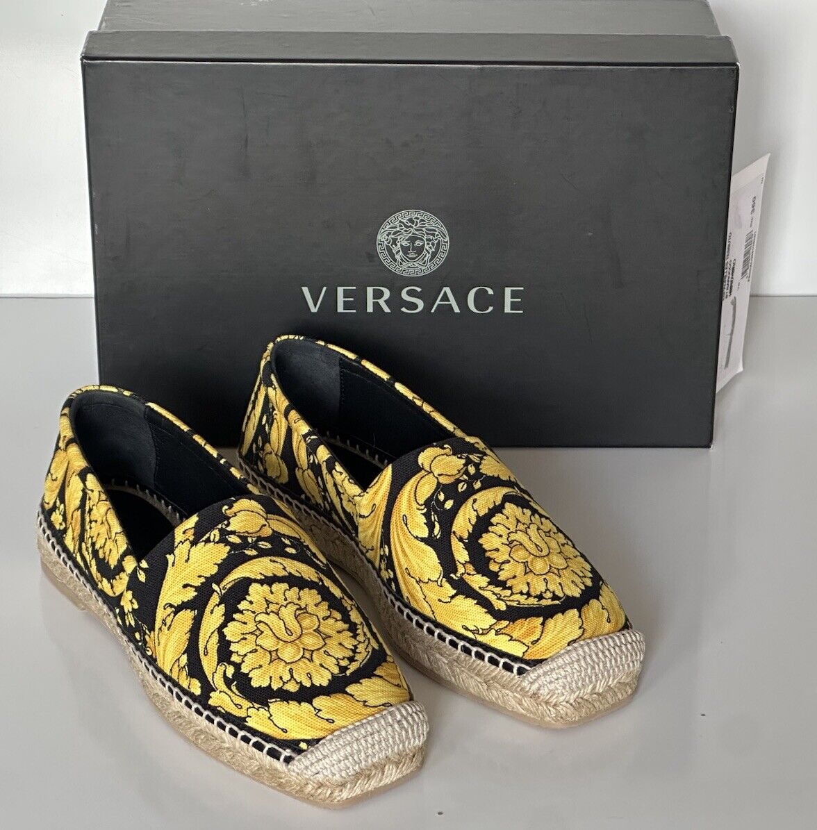 VERSACE Barocco Print Gold/Black Fabric Espadrilles 6 US 1004030 Spain NIB