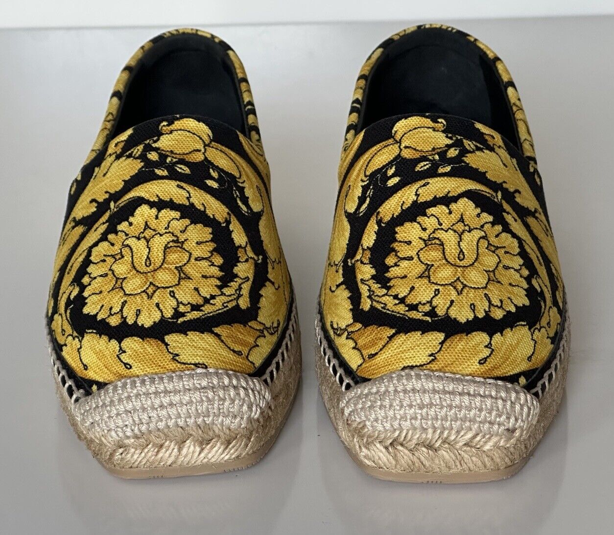 VERSACE Barocco Print Gold/Black Fabric Espadrilles 6 US 1004030 Spain NIB