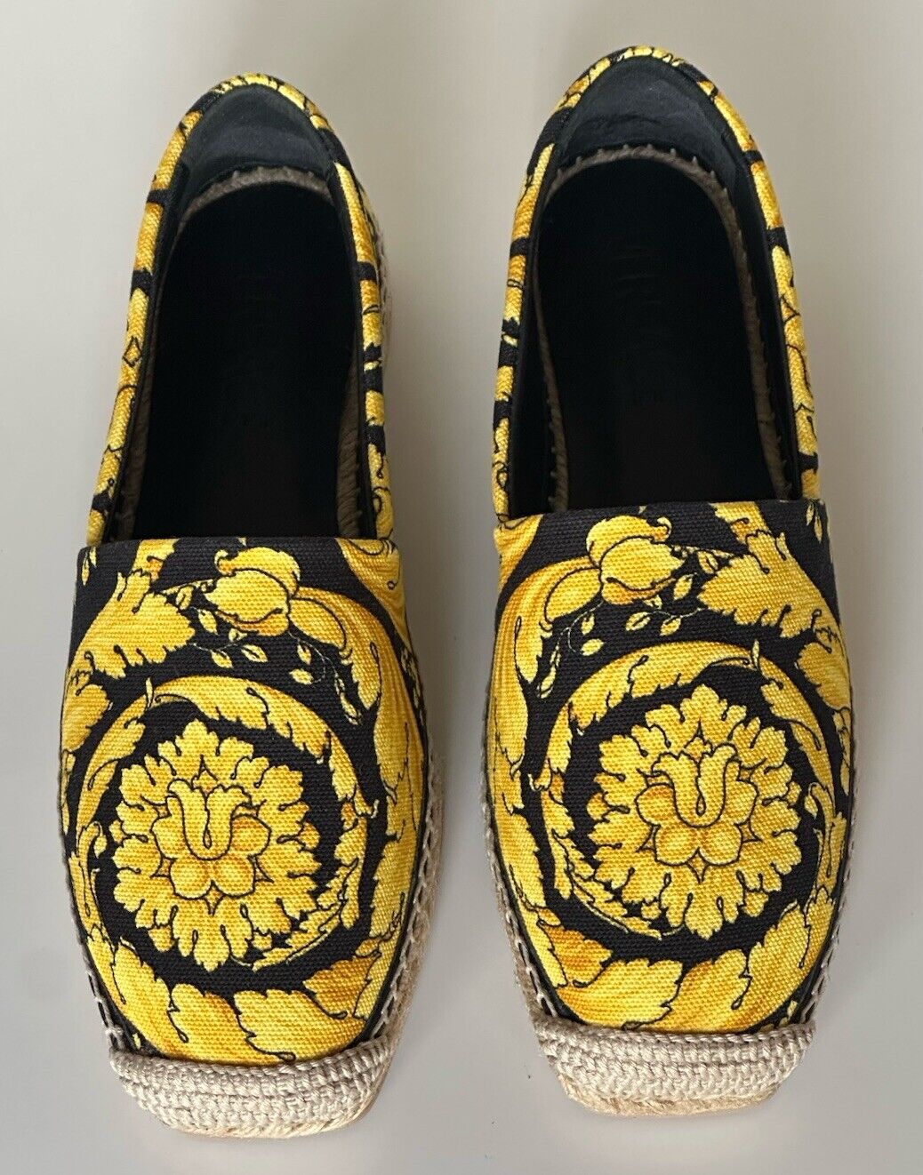 VERSACE Barocco Print Gold/Black Fabric Espadrilles 6 US 1004030 Spain NIB