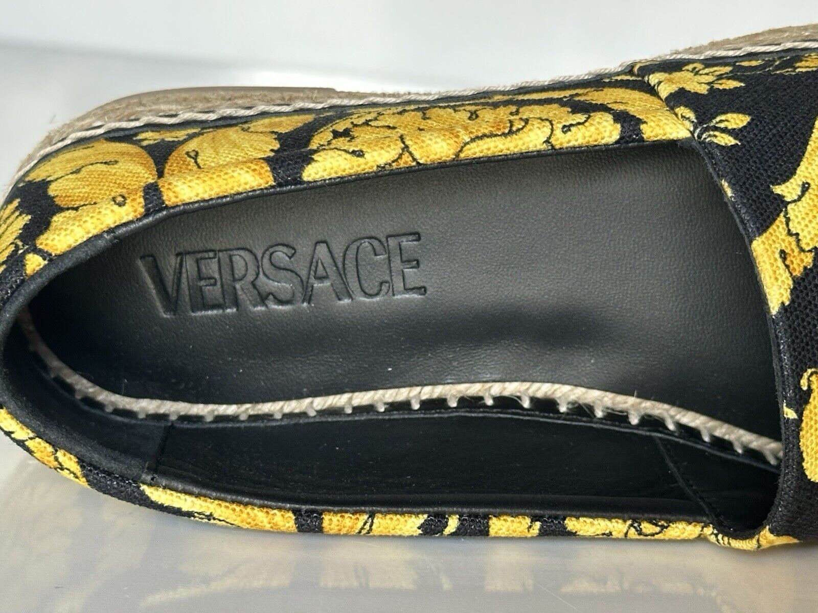 VERSACE Barocco Print Gold/Black Fabric Espadrilles 6 US 1004030 Spain NIB