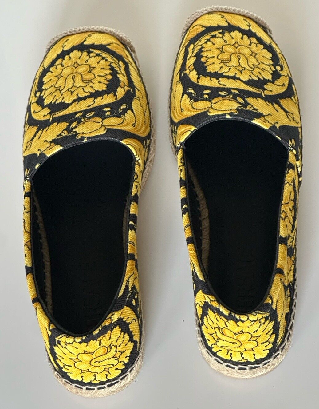 VERSACE Barocco Print Gold/Black Fabric Espadrilles 6 US 1004030 Spain NIB