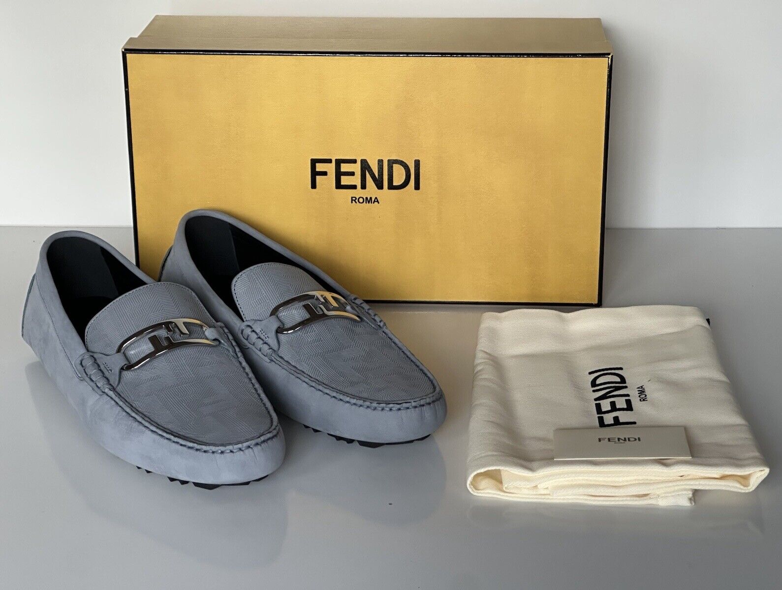 Fendi O’lock Leather Sky Blue Driver Shoes 10 US (9 Fendi) 7D1547 Italy NIB $770