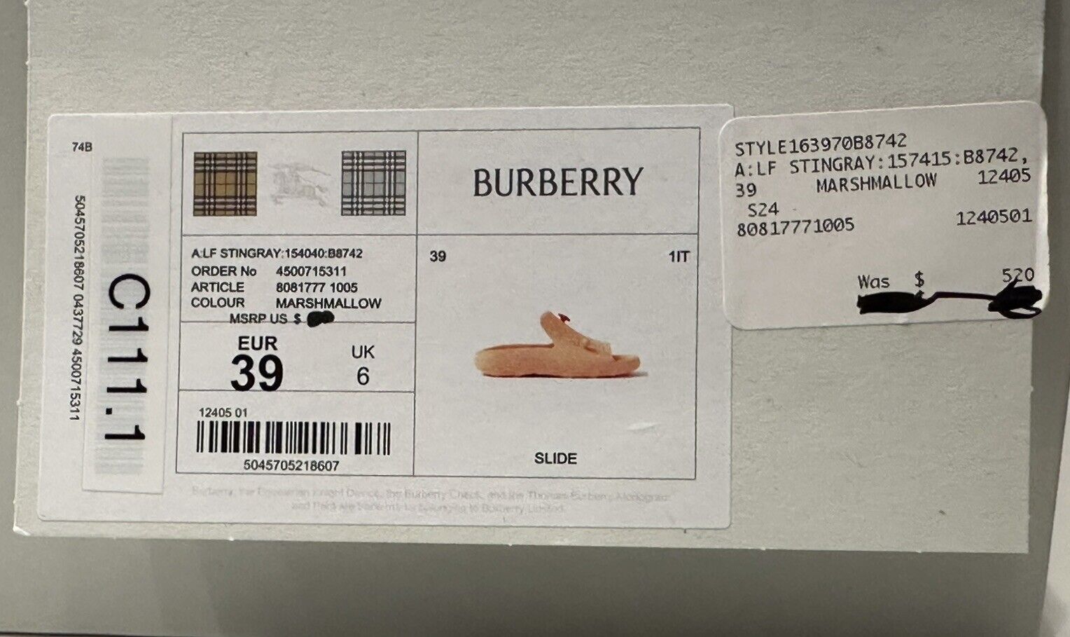 Burberry Women’s Stingray Rubber Neutral Sandals 9 US (39) 8081771 IT NIB $520