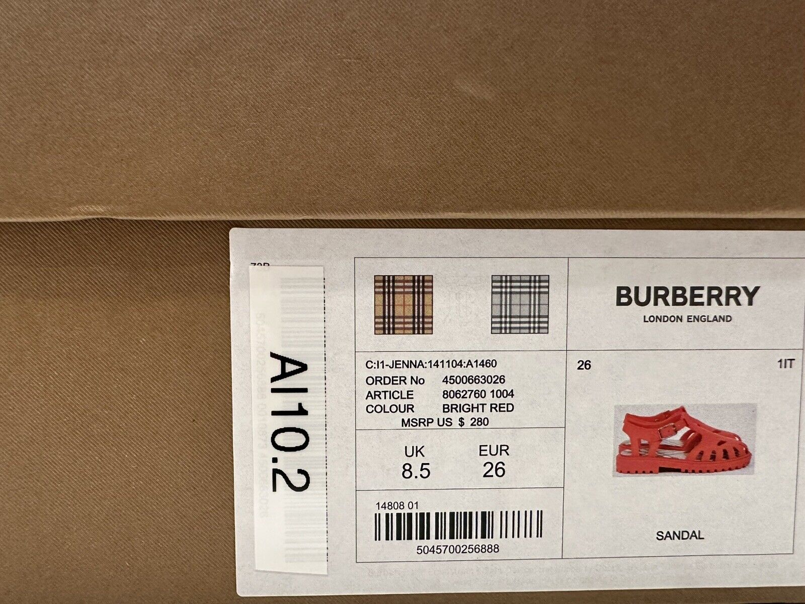 Burberry Jenna Girl's Rubber Bright Red Sandals 26 Euro (3 YR) 8062760 NIB $280