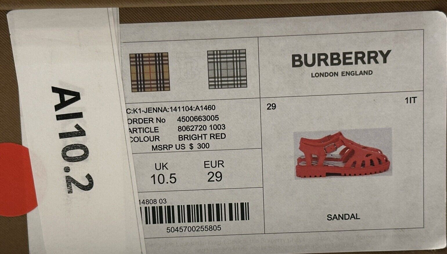 Burberry Jenna Girls Rubber Bright Red Sandals 29 Euro (11 US) 8062760 NIB $300