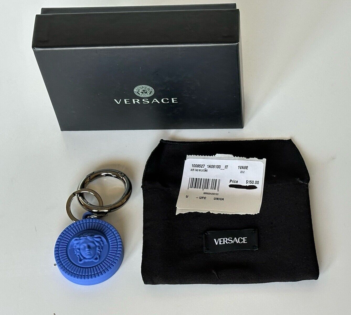 Versace Medusa Head Blue Silicone Air Tag Keychain 1008527 NWT $150