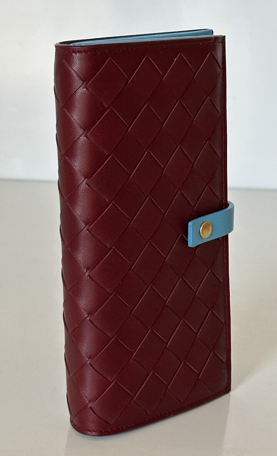 Bottega Veneta Intrecciato Leather Wallet Bordeaux/Sky Blue  518389 IT NWT $830