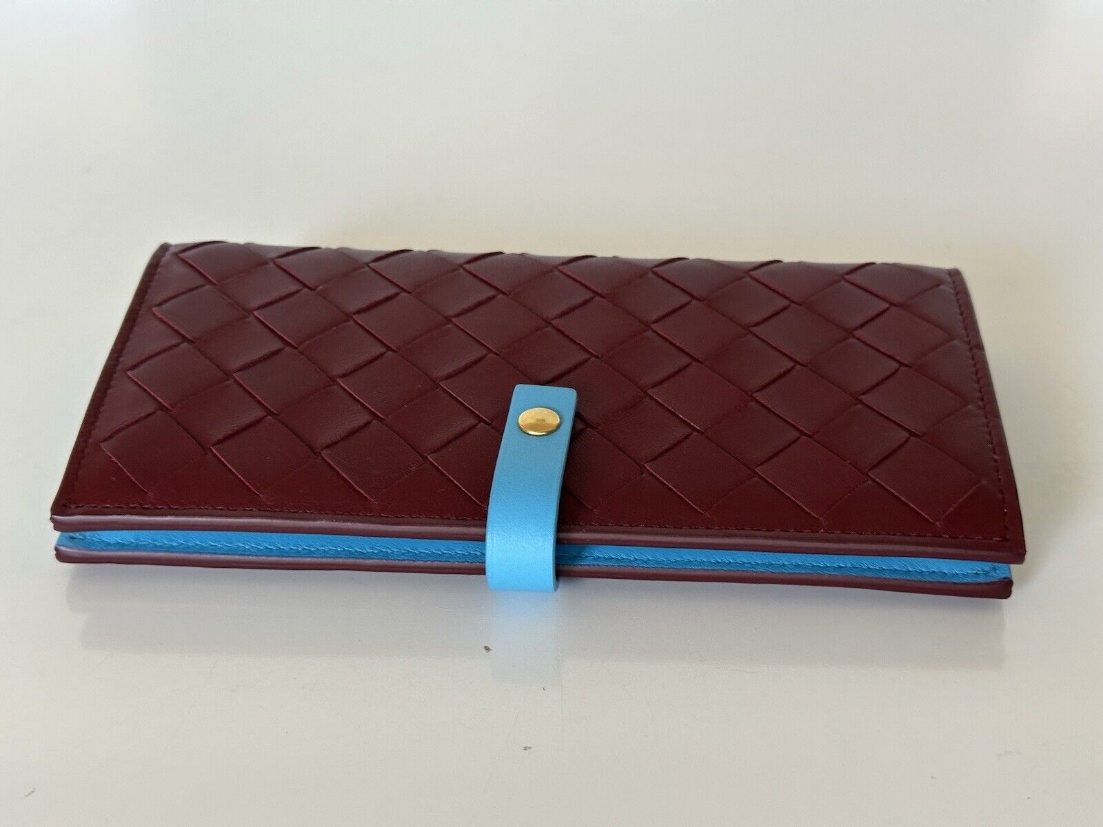 Bottega Veneta Intrecciato Leather Wallet Bordeaux/Sky Blue  518389 IT NWT $830