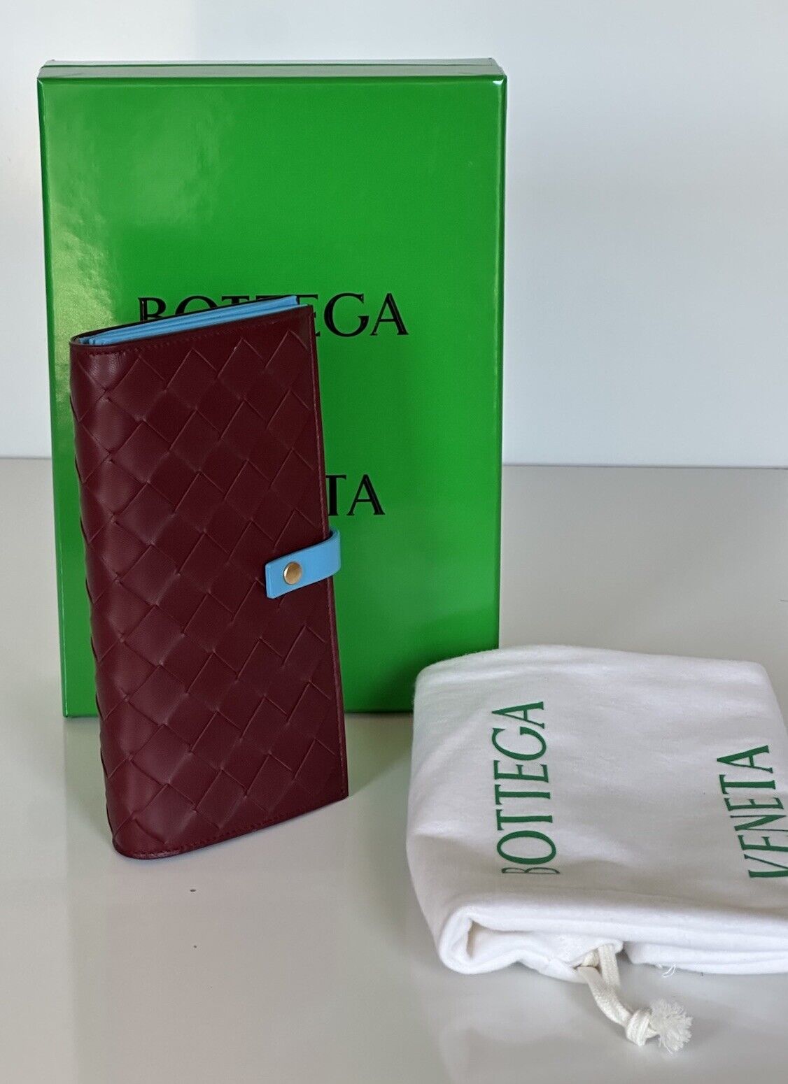 Bottega Veneta Intrecciato Leather Wallet Bordeaux/Sky Blue  518389 IT NWT $830