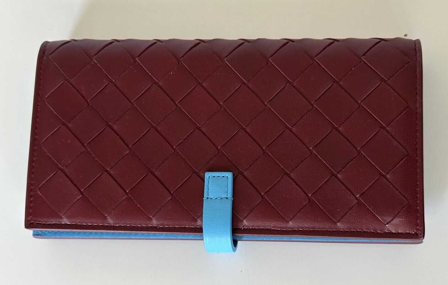 Bottega Veneta Intrecciato Leather Wallet Bordeaux/Sky Blue  518389 IT NWT $830