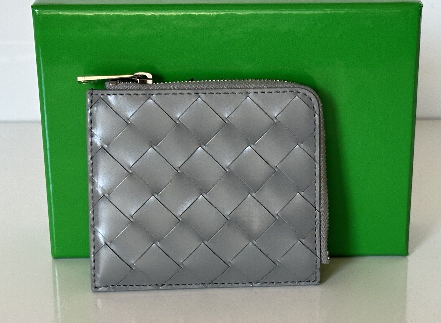 Bottega Veneta Intrecciato Leather Zip Around Gray Wallet 593216 IT NWT $460