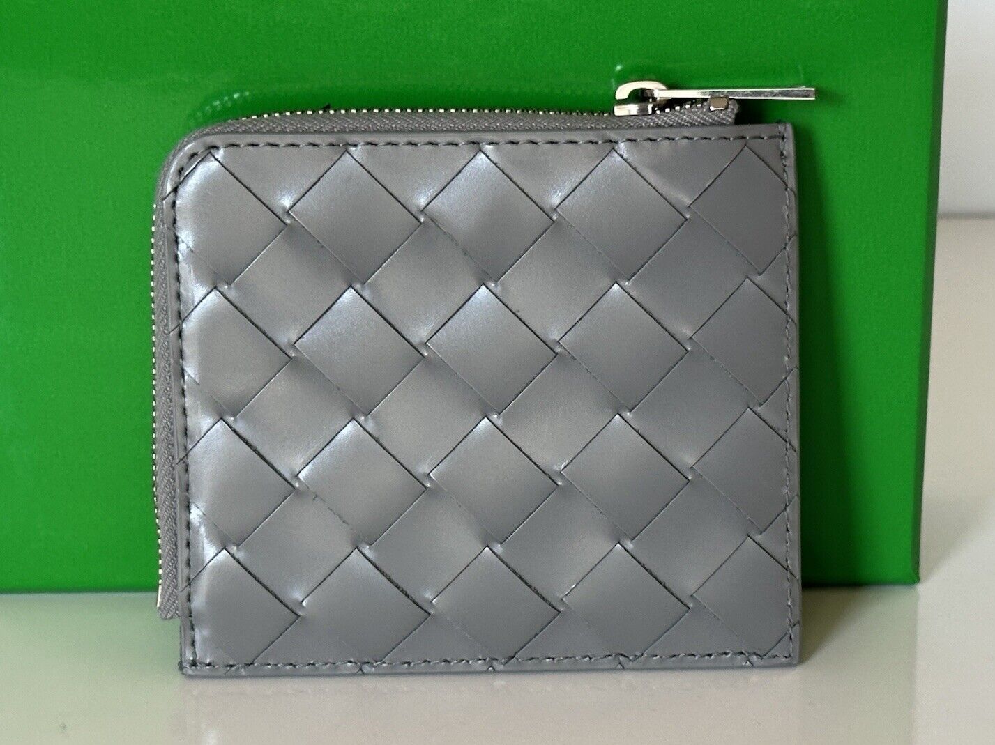 Bottega Veneta Intrecciato Leather Zip Around Gray Wallet 593216 IT NWT $460