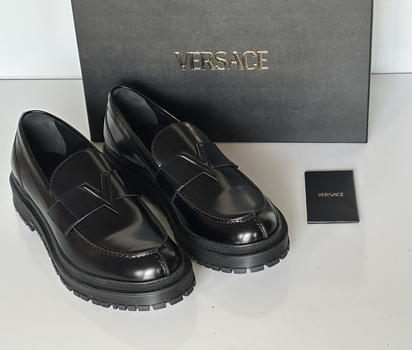 VERSACE Men's Black Leather Loafers Shoes 10 US (43 Euro) 1013628 Italy NIB $675