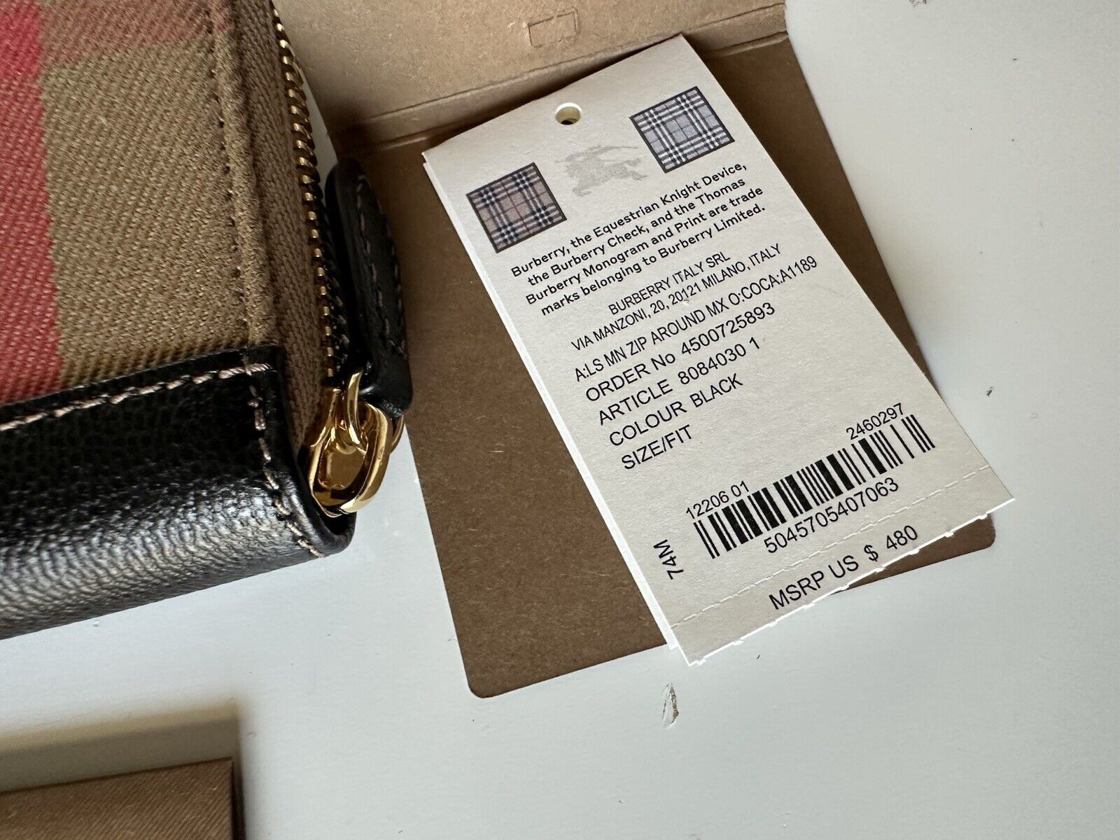 Burberry MN Zip Around Check Black/Brown Wallet 80840301 NWT $480