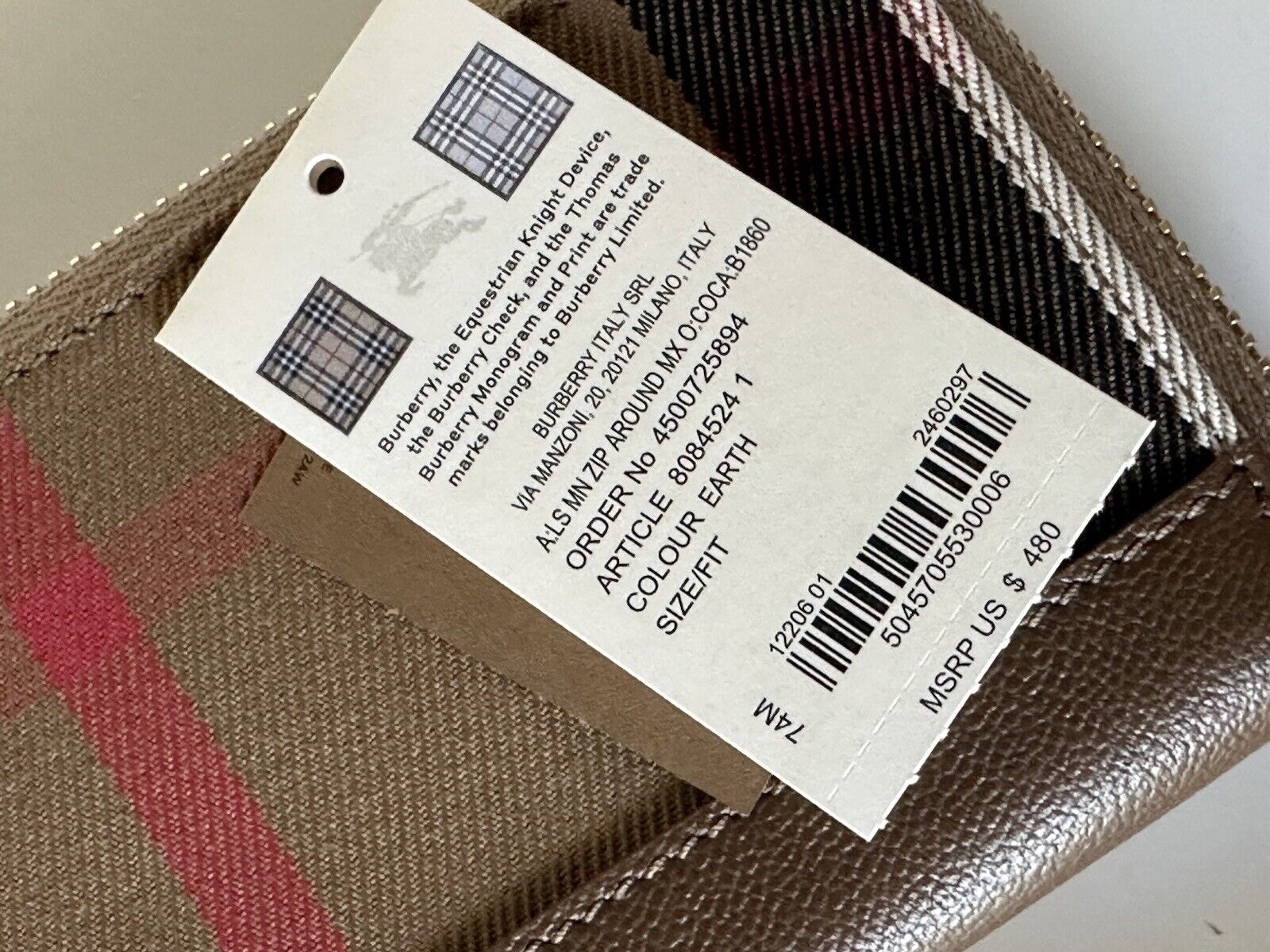 Burberry MN Zip Around Check Earth/Brown Wallet 80845241 NWT $480