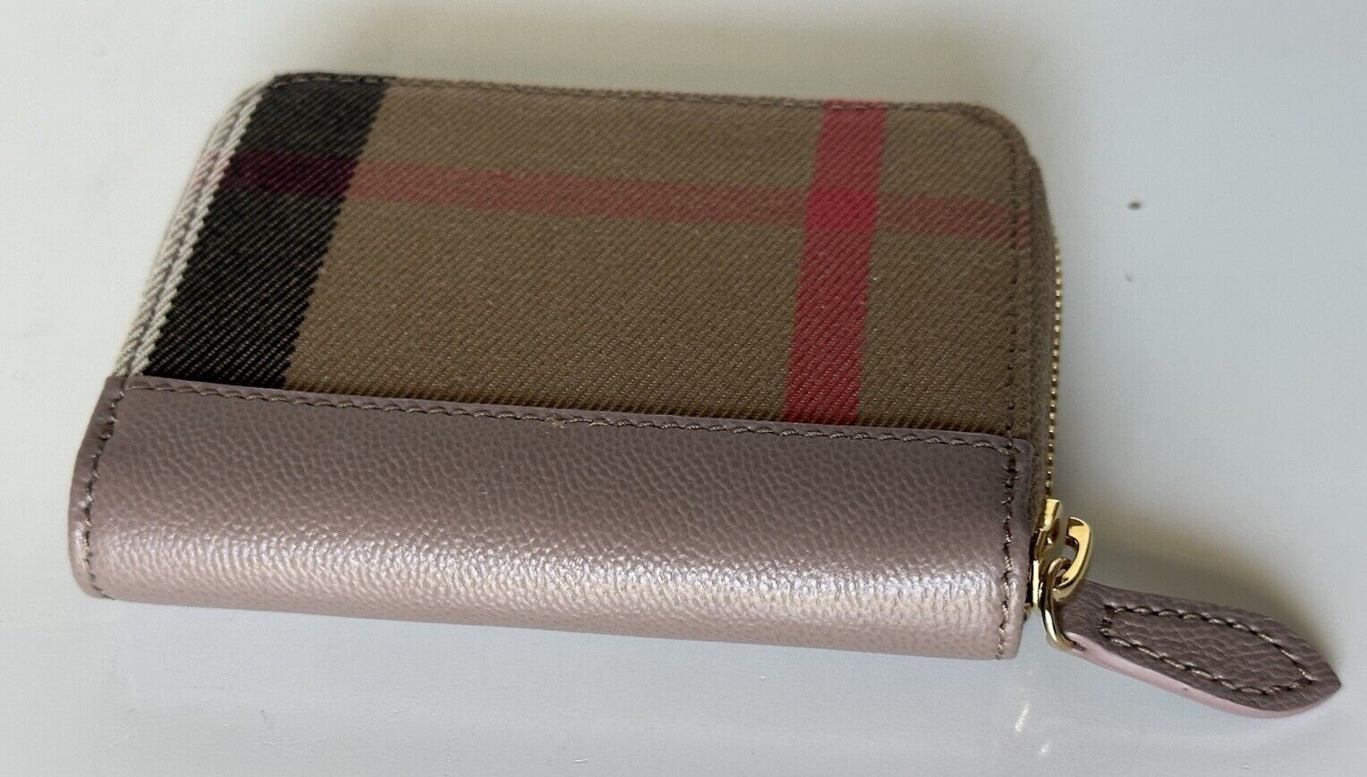 Burberry MN Zip Around Check Gray Mink/Brown Wallet 80845261 NWT $480