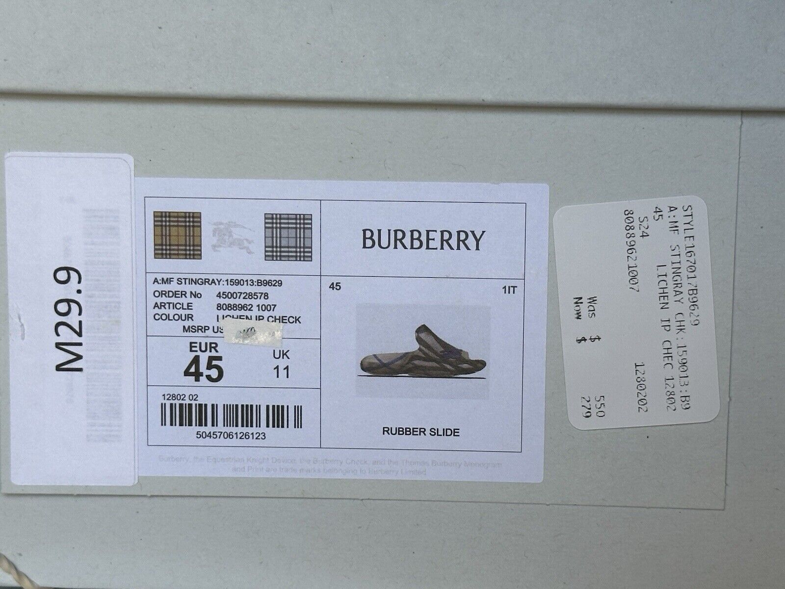 Burberry Mens Stingray Rubber Lichen IP Check Sandals 12 (45) 8088962 NIB $550