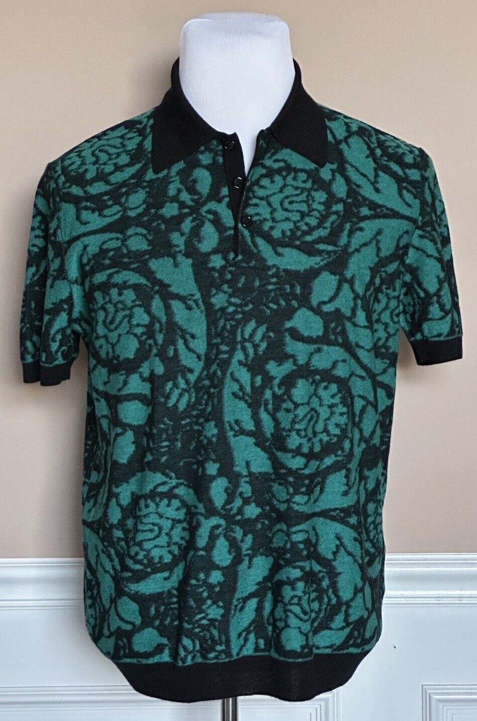 Versace Black/Green Wool/Cotton Knit Polo Shirt L (52 Euro) 1012387 IT NWT $1075