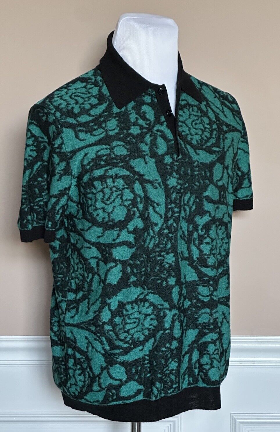 Versace Black/Green Wool/Cotton Knit Polo Shirt L (52 Euro) 1012387 IT NWT $1075