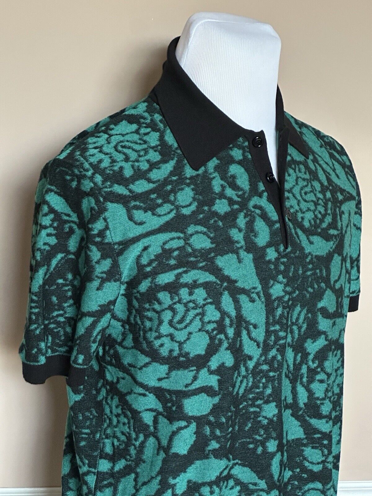 Versace Black/Green Wool/Cotton Knit Polo Shirt L (52 Euro) 1012387 IT NWT $1075