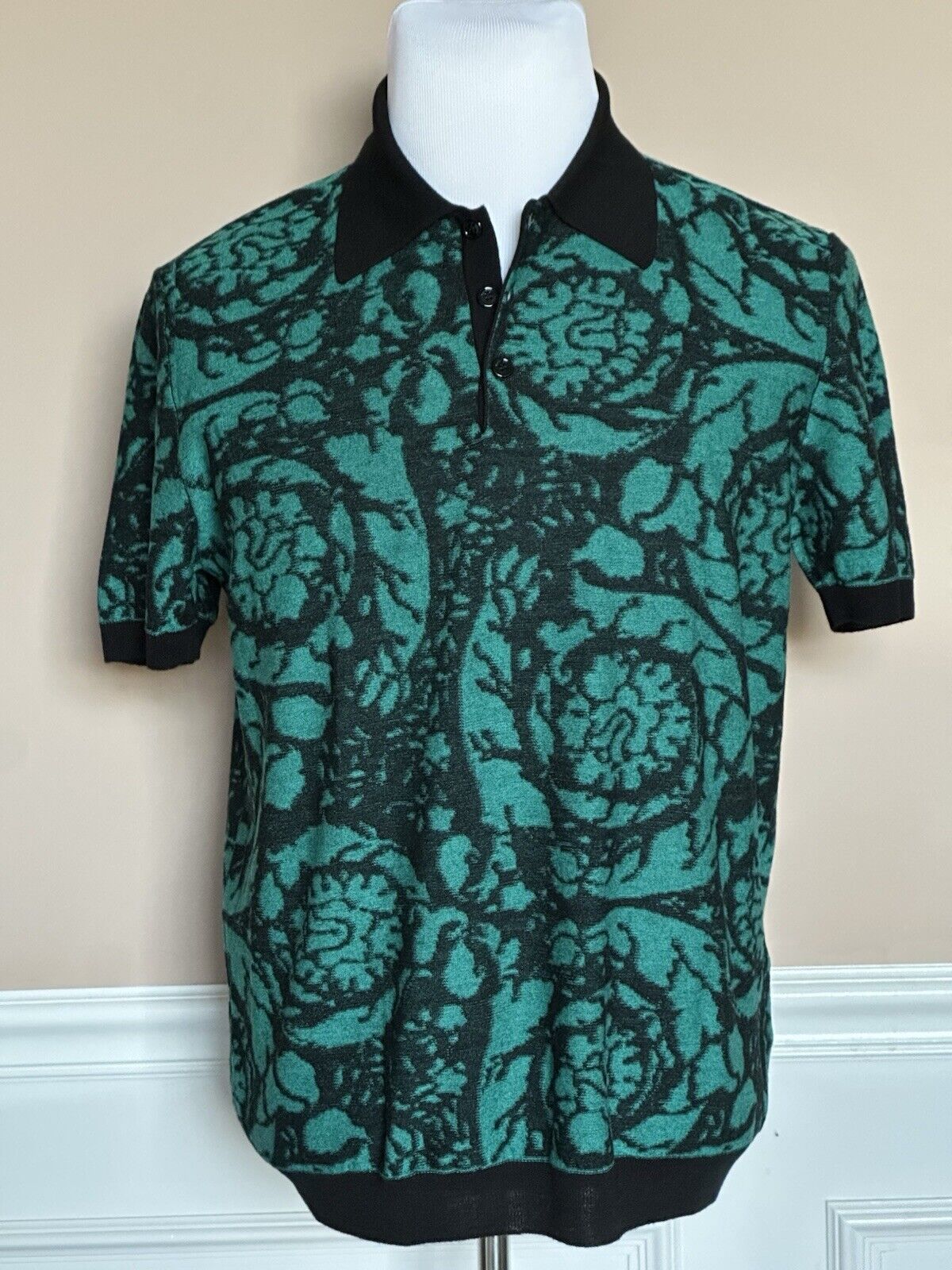 Versace Black/Green Wool/Cotton Knit Polo Shirt L (52 Euro) 1012387 IT NWT $1075