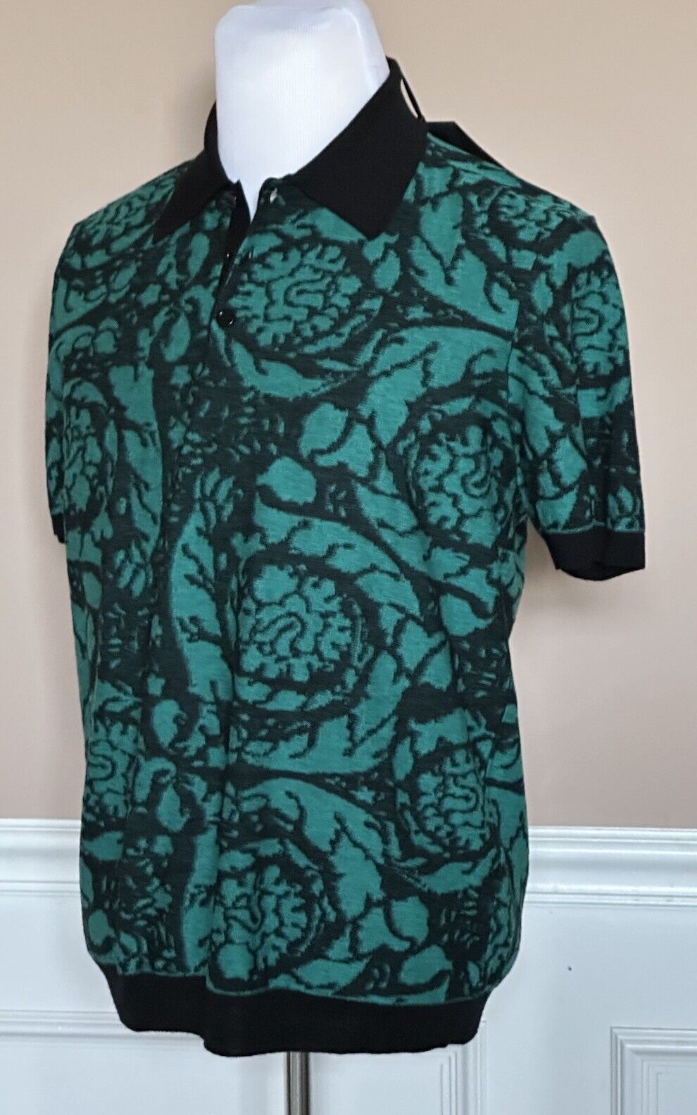 Versace Black/Green Wool/Cotton Knit Polo Shirt L (52 Euro) 1012387 IT NWT $1075