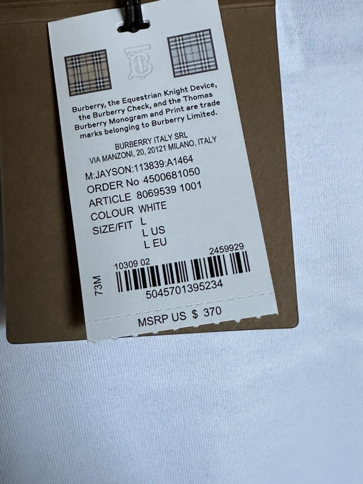 Burberry Jayson White Cotton T-shirt L (Oversized) 8069539 NWT $370