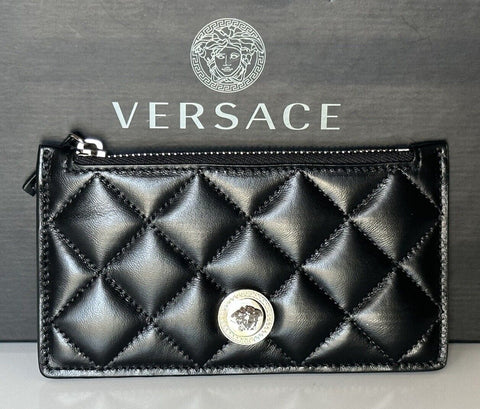 Versace Medusa Head Quilted Black Leather Zipper Card Wallet 1013357 NWT $350