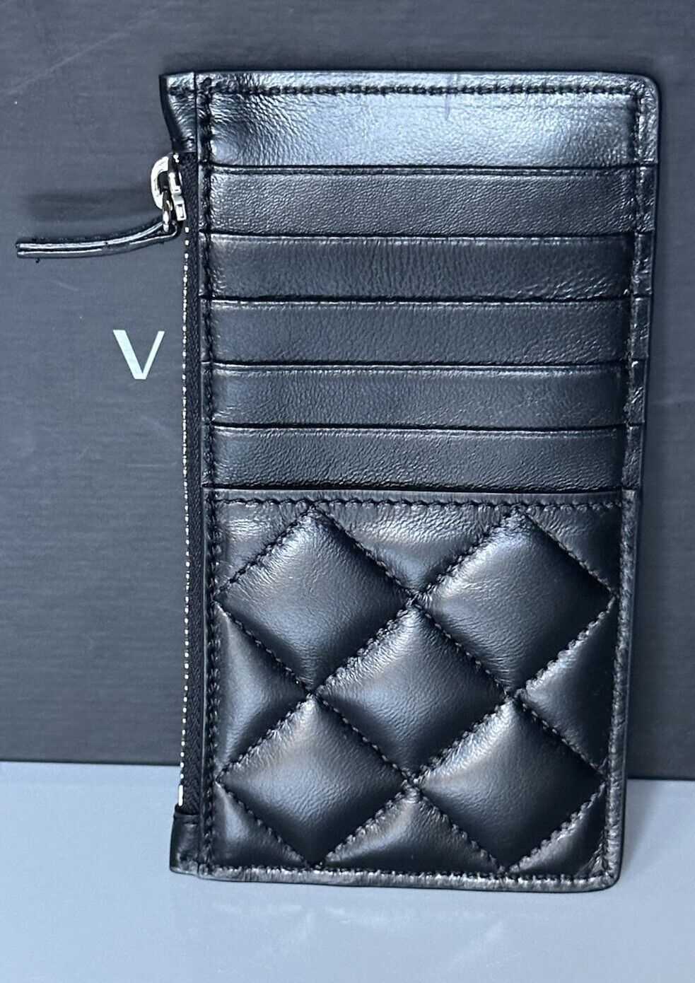 Versace Medusa Head Quilted Black Leather Zipper Card Wallet 1013357 NWT $350